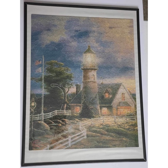 NWOT Thomas Kinkade lighthouse framed jigsaw puzzle wall decor hanging - Picture 2 of 8